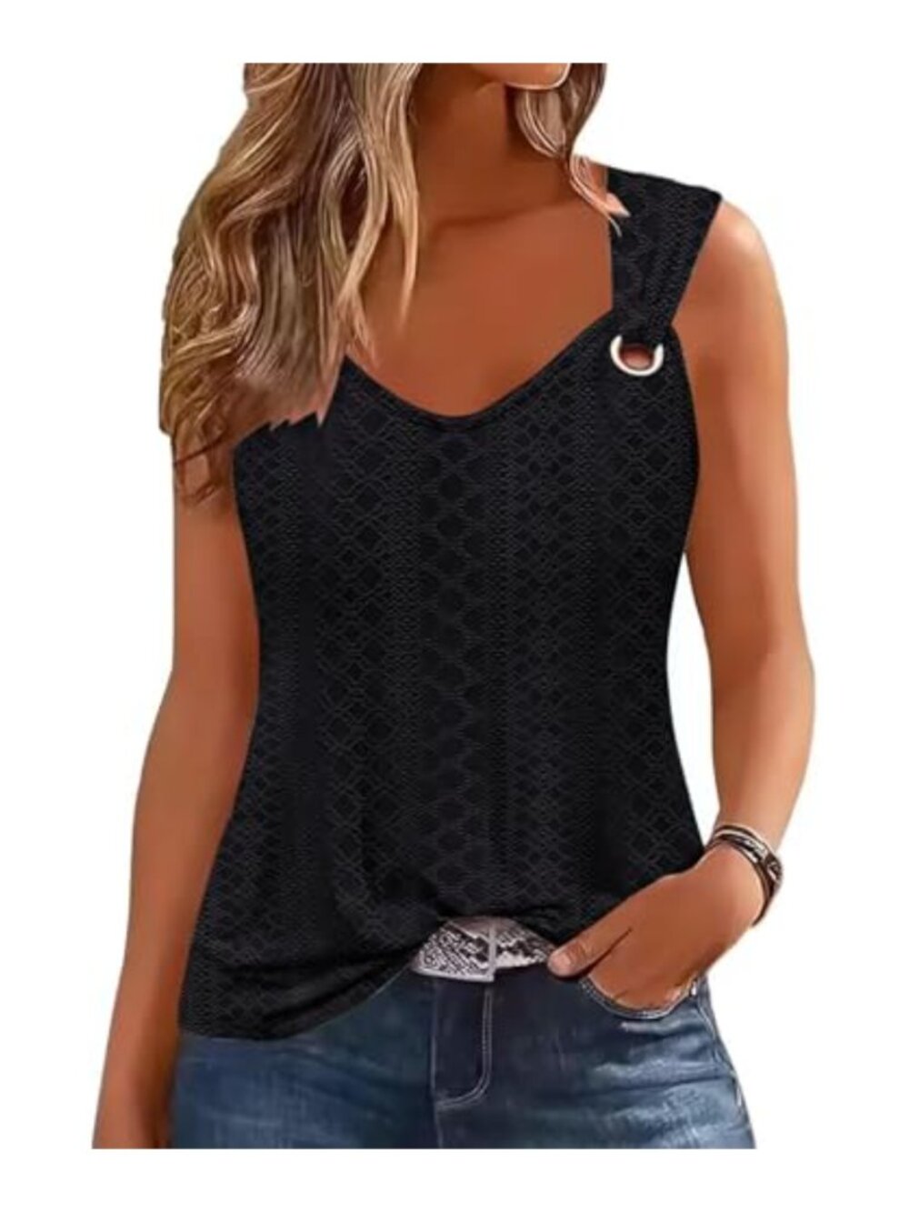 Women Sleeveless Eyelet Tank Top Spaghetti Strap Loose Fit Summer Casual